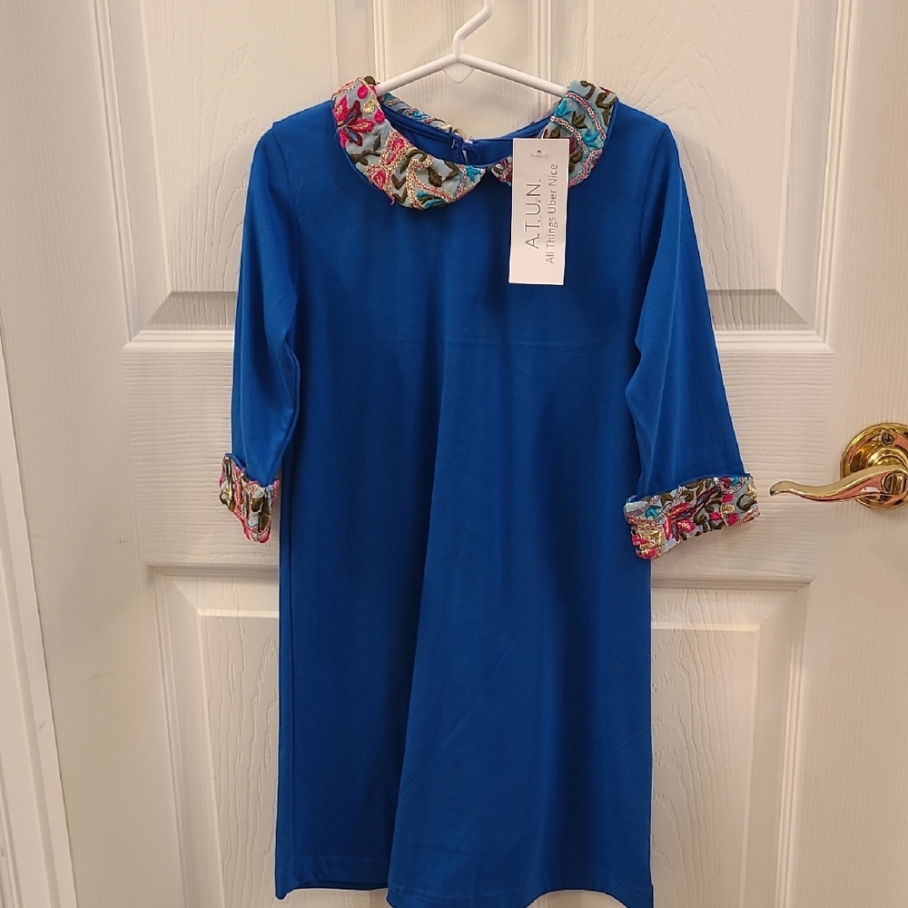 Blue Casual Dress with Peter Pan Collar and Cuffed Sleeves